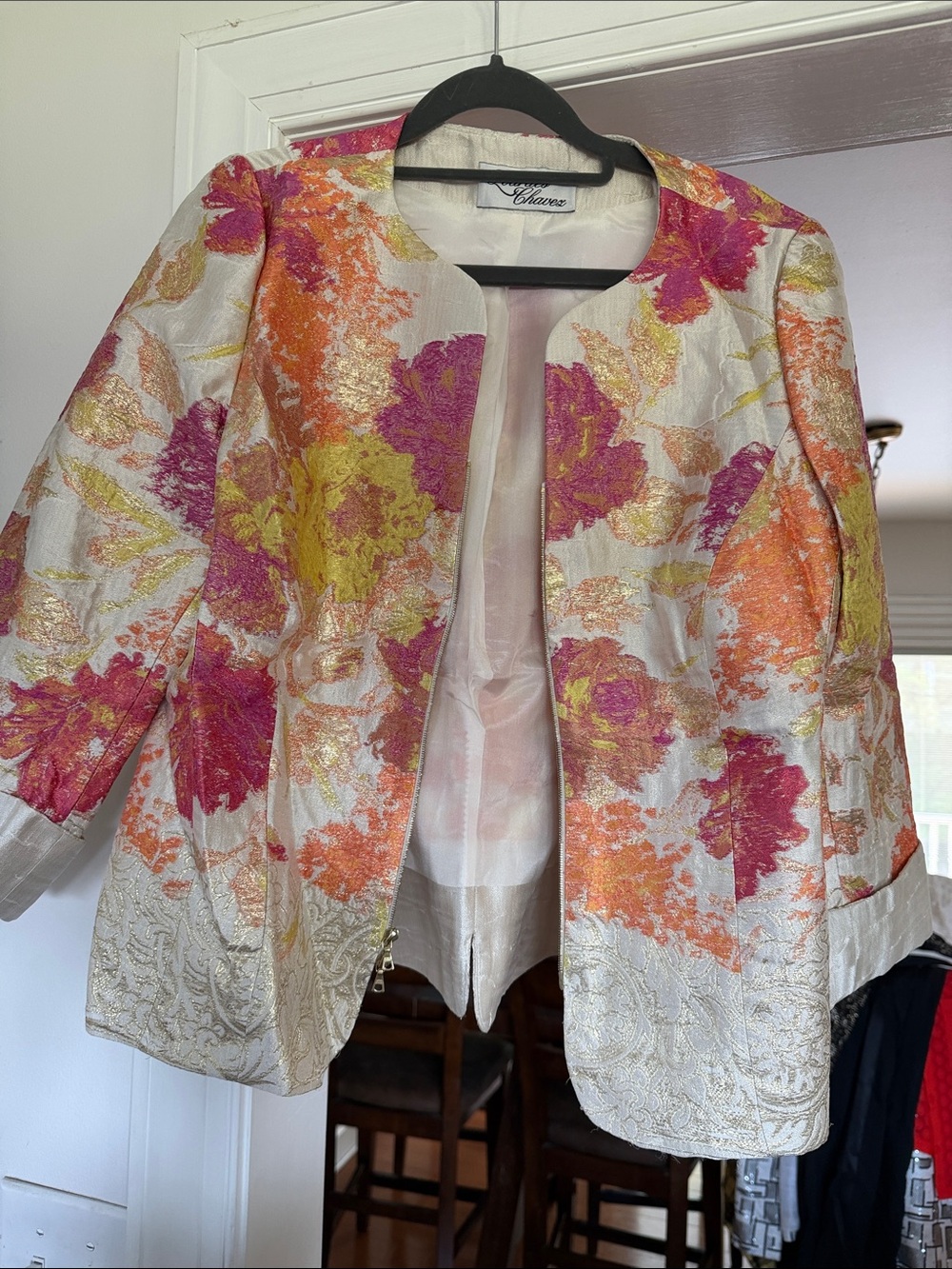 Lourdes Chavez Floral Brocade Jacket - White with Pink, Orange & Gold Accents
